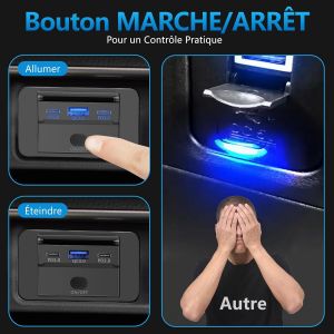 TIANYI-Prise de Chargeur USB 3 Ports, Chargeur de Voiture Doubl&eacute; PD3.0 USB C et QC3.0 USB A avec Interrupteur, Adaptateur USB pour 12V/ 24V Camping-Car, Voiture, Fourgon, Bateau, Caravane - Neuf