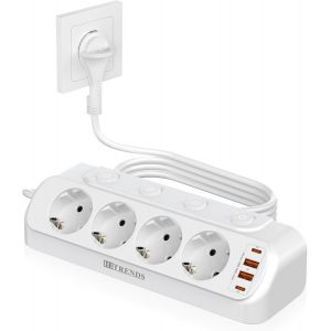 Prise de table avec USB C 20 W, 4 prises coud&eacute;es, prise plate, multiprise 8 en 1 avec 4 prises multiples USB, commutable &agrave; 4 prises, multiprise, blanc, c&acirc;ble de 3 m - Neuf