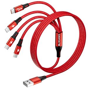 JGD-C&acirc;ble Multi USB C, QC 3.0, 4 en 1 C&acirc;ble de Charge R&eacute;partiteur USB C Tress&eacute; avec Connecteurs, pour iPhone 15/16/17 S&eacute;rie, iPad Pro, Galaxy S25, Oneplus, Sony, Moto, Switch-1.2M (rouge) - Neuf