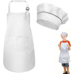 KALANKA-Tablier Cuisine Enfant,Tablier Enfant et Chapeau de Chef Set,Réglables Tablier Enfant,Tablier Enfant Cuisine Blanc,Bambin Tablier avec Poches,Tablier Enfant Peinture pour Filles Garçons 6-13 - Neuf