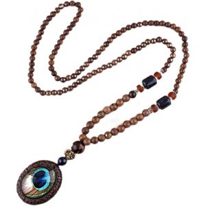 Collier Homme Et Femmes,Collier Perle Homme,Collier De Perles En Bois,Collier Long Pendentif Style Ethnique,Collier De Perles En Bois Pendentif Bodhi Avec Pendentif Plume&iquest;B&iquest; - Neuf
