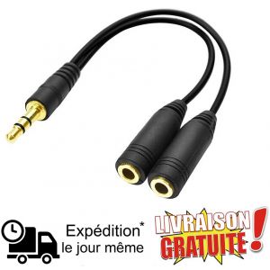Cable Audio Son Stereo Prise Mini Jack 3,5mm Male vers Double Prise Femelle Noir - Neuf