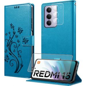 JGD-Coque pour Xiaomi Redmi 15 avec 1 Verre Tremp&eacute;,1 Protection Camera,&Eacute;tuis Rabat [Housse en Cuir PU][Fentes pour Cartes][Pochette de Portefeuille][Stand Feature]- Bleu - Neuf