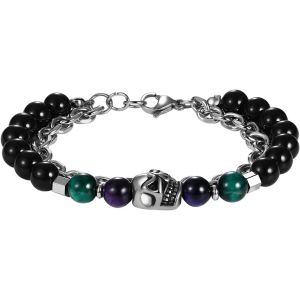 Eryi-Bracelet Homme De Perles Réglable En Obsidienne: Bracelet De Perles Réglable Avec Pendentif Tête De Mort Multicouche En Acier Inoxydable - Neuf