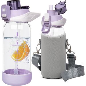 0.6l Sport Gourde Verre Avec Paille & Heure De Motivation 600ml Bouteille D'eau Verre Sans Bpa Avec Marqueur De Temps.[B786] - Neuf