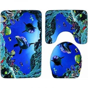 Ensemble De 3 Pi&egrave;ces De Tapis De Douche De Salle De Bain + Tapis De Bain De Pieds Tapis + Housse De Si&egrave;ge De Toilette. Tapis Rideau De Douche Antid&eacute;rapant - The Underwater World (Blue Sea) - Neuf