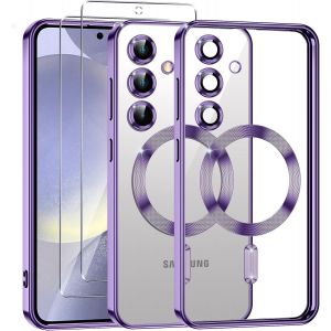 JGD-Coque Magn&eacute;tique pour Samsung Galaxy S24 5G avec 2 Pi&egrave;ces Verre Tremp&eacute;, Compatible avec MagSafe, R&eacute;sistante aux Rayures, R&eacute;sistante aux Chocs, Mince et Transparente, Violet - Neuf