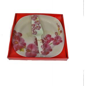 Checarzhn--No1-Présentoir À Gâteaux Avec Sa Pelle À Gâteau En Verre, Plateau À Gâteau Ou Tarte -30x30cm- Motif Orchidée, Présenté Dans Son Coffret Cadeau En Carton Et Pvc, Noël, Fête. Plat De Service - Neuf