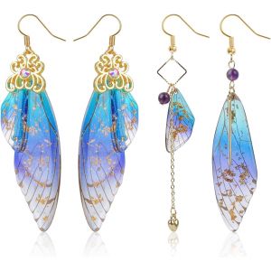 Kal-2 Paires Boucles D'oreilles Papillon Femme Ailes De Fée Papillon Boucles D'oreilles Feuille Or Simulation Insecte Ailes Papillon Boucle D'oreille Multicolore Papillon Asymétriques Dames Enfant Fi - Neuf