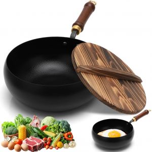 Subzonal-Yuraigm Po&ecirc;le En Fer Japonaise Avec Couvercle En Bois, 24 Cm, Sans Rev&ecirc;tement, Grande Casserole Japonaise, Po&ecirc;le &Agrave; Frire En Fonte Forg&eacute;e &Agrave; La Main, Pour Cuisini&egrave;res &Agrave; Gaz &Eacute;lectriques &Agrave; Induc - Neuf