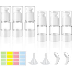 6 Pi&egrave;ces 15ML Airless Flacon Pompe Vide,Petit Flacons &Agrave; Pompe sans Air,Rechargeables Distributeurs de Cr&egrave;me Airless avec Petite Spatule,Entonnoir,Autocollants pour Cosm&eacute;tiques Cr&egrave;mes Lotions - Neuf