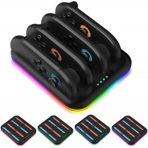 Chargeur Pour Nintendo Switch 2, Station De Charge 4 En 1 Sans Fil Charge Rapide Pour Contr&ocirc;leurs Joy-Con 2,Avec &Eacute;clairage Rvb Et Indicateur Led(Noir) - Neuf