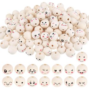 Lot De 150 Perles En Bois Avec Visage-15 Styles-20 Mm-Perles Rondes En Bois Naturel Avec Visage-Avec Trou-Pour Bijoux,Bracelets,Colliers,Travaux Manuels Et Décorations - Neuf
