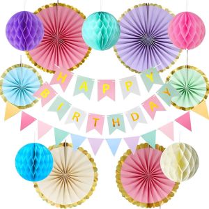 MEVRONISSHOP-D&eacute;coration Anniversaire Pastel, Banderole Joyeux Anniversaire D&eacute;coration Fille Femme, Banderole Happy Birthday Fanion &Eacute;ventail Papier Pompon, Kit D&eacute;co F&ecirc;te Happy Birthday Banniere Fille - Neuf