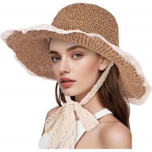 Chapeau De Paille Pour Femme Avec Dentelle-Chapeau De Soleil À Large Bord Pliable-Chapeau De Paille En Crochet Élégant.[Z334] - Neuf