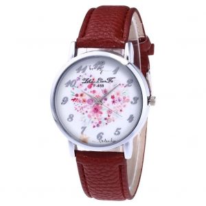 Zhoulianfa Num&eacute;ro Fleur Motif Grand Cadran Litchi Grain Pu Bracelet De Cuir Montre D&eacute;contract&eacute;e (Marron) - Neuf