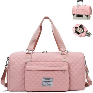KALANKA-Sac de Voyage Pliable de Grande Capacité 51 x 24 x 25 cm Étanche Sac de Sport Femme Bagage Cabine Sac Polochon Sac à Main avec Compartiment Chaussures et Poche Humide Séparé Sac Weekend, Rose - Neuf