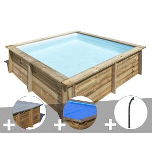 Kit piscine bois Gr&eacute; City 2,25 x 2,25 x 0,68 m + B&acirc;che hiver + B&acirc;che &agrave; bulles + Douche - Neuf