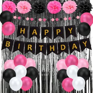 SJZG-D&eacute;coration D'Anniversaire De Fille Noires Et Roses, D&eacute;corations D'Anniversaire Rose Vif Avec Banni&egrave;re ""Happy Birthday"" Pompons Rideau En Aluminium Ballon Bobine Pour Fournitures De F&ecirc;te - Neuf