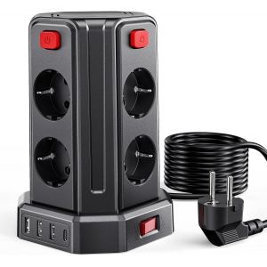 Multiprise avec Interrupteur, Tour Multiprise 8 Prises et 4 USB, Multiprise USB Parafoudre et 4 Interrupteurs Rallonge Electrique 3M C&acirc;ble la Maison et au Bureau - Neuf