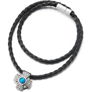 Kal-Textur&eacute;es Croix Pendentif Collier Avec Turquoise - Homme Femme - Noir Cuir Collier Tress&eacute; - Neuf