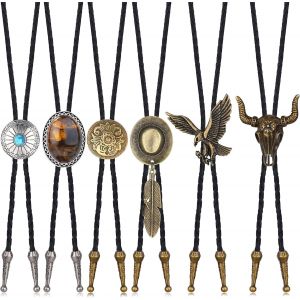 Trahoo-6 Pcs Bolo Cravate Turquoise À La Main Forme Ronde Western Cowboy Noir En Cuir Cravate Bola Cravate Halloween Costume Accessoires Pour Hommes Femmes - Neuf