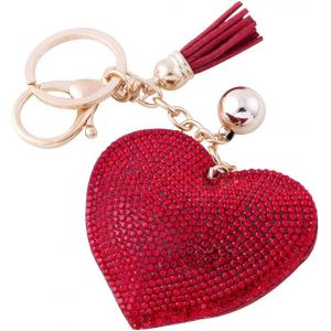 KAL-En Cuir Amour Coeur Keychain Bling Ss6 Premium Cristal De Voiture Porte-Cl&eacute;s Valise Sacs &Agrave; Dos Accessoires Charme Avec Glands (Rouge) - Neuf