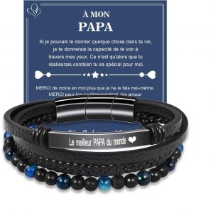 Kal-Cadeau Pour Homme Bracelet Cuir V&eacute;ritable Avec Pierres Naturelles, Cadeau Pour Couple Mari Petit-Ami Fils Papa Grand Pere, Cadeau Pour Saint-Valentin Fete Des Peres No&euml;l Anniversaire - Neuf