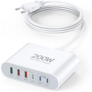 Chargeur Usb C, 200W Chargeur Usb C Multiple Chargeur Gan Pd 3.0 6-Port Usb Chargeur Rapide Type C Adaptateur Compatible Avec Macbook Pro Air, Ipad Pro Air, Iphone 15 14 13 12 11, Galaxy S23 - Neuf