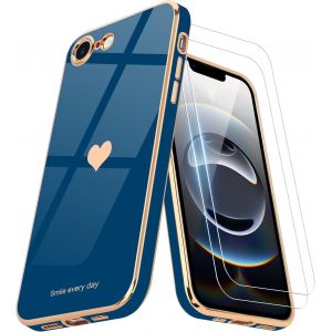 Pps-Coque Compatible Avec Iphone 16e + 2 Films De Protection D'écran, Coque Pour Fille, Coque De Protection D'appareil Photo Galvanisée Pour Iphone 16e, Bleu Marine - Neuf