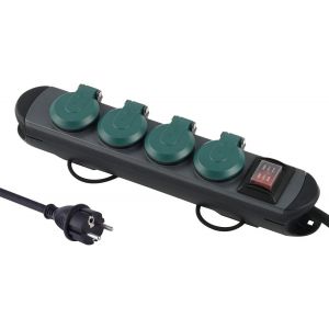 TYE-62185 Multiprise Professionnelle d'extérieur 4 Prises Schuko avec Prise IP44 1,8 m câble Caoutchouc H07RN-F 3G1.5 Noir/Vert - Neuf