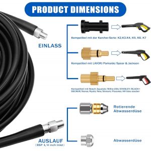 SUBZONAL-15m Tuyau de Nettoyage Haute Pression 5800 PSI/400 bar - Compatible Kärcher K2 à K7, Lavor, Bosch - Kit complet avec adaptateurs, buses et gants de protection - Neuf