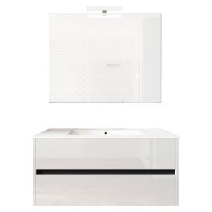 Ensemble de salle de bain meuble suspendu 100cm DOUBLE EDGE blanc brillant - Vasque - Miroir - Applique - Neuf