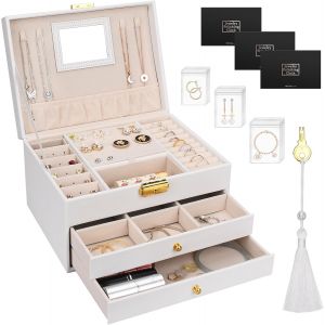 Jexnovashop-Coffre &Agrave; Bijoux De Femme,Organisateur De Bijoux Pu 3 Couches Verrouillable,Boite En Cuir Imperm&eacute;able Pour Filles Ranger Bagues Colliers Montres - Neuf