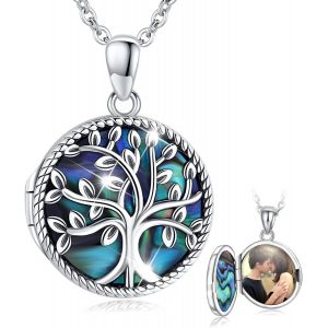 Collier M&eacute;daillon Pour Femme,Pendentif Porte Photo Arbre De Vie En Argent Sterling 925 Pendentif Avec Coquille D'ormeau,Collier Photo Grav&eacute; Bijoux Cadeau Pour Maman Femme Petite Amie - Neuf
