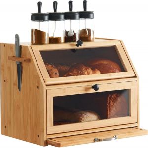 MEVRONISSHOP-Youdenova Bo&icirc;te &agrave; pain en bambou &eacute;cologique - Avec planche &agrave; d&eacute;couper - Bo&icirc;te de rangement - Pour pain, pain grill&eacute; - 39 x 26 x 32,5 cm (L x l x h) - Naturel - Neuf