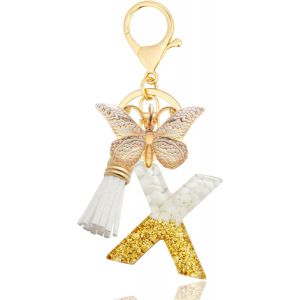 KAL-Porte-Clés Avec Lettre, Keychains Lettre Avec Papillons Pompon Pendentif, Alphabet Porte-Clés, Porte-Clés Initiale Pour Femmes Filles Sac À Main Bagages Décoration - Neuf