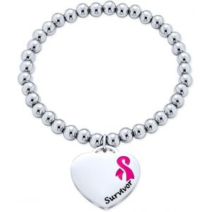 Kal-Coeur Forme Charme Pr&eacute;-Graver Message Rose Ruban Du Sein Cancer Survivant Stretch Bracelet Perle Pour Femmes Silver Tone Acier Inoxydable - Neuf
