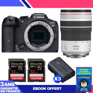 Boitier Canon EOS R7 + RF 70-200mm F4 L IS USM + 2 SanDisk 32GB Extreme PRO UHS-II SDXC 300 MB/s + 3 Canon LP-E6NH + Ebook 'Devenez Un Super Photographe - Neuf