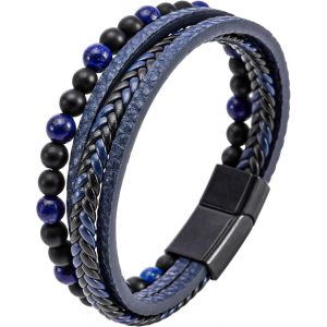 Kalanka-Bracelet Cuir Homme, Bracelet Perle Homme, Noir Bleu Marron Bracelets Pour Hommes, Avec Boîte Cadeau - Neuf