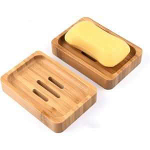 Lot de 2 porte-savons en bambou naturel pour salle de bain, douche, artisanat, pour savon, éponges, etc. - Neuf
