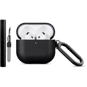 [Texture en Fibre de Carbone] Coque AirPods 4 - &Eacute;tui en Simili-Cuir pour AirPods 4 avec R&eacute;duction Active du Bruit, Mousqueton/Kit Nettoyage Inclus - Housse Cover Protection AirPods 4 - Noir - Neuf