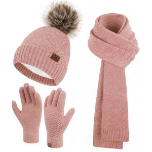 Femmes Hiver Chaud Bonnet Pompon Longue Echarpe Gants Tactiles Ensemble Tricot Avec Doublure Polaire Thermique Cadeaux Noel Femme - Neuf