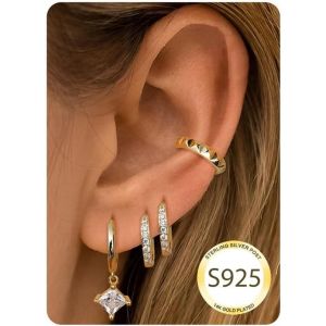 Kal-4-6 Paires Boucles D'oreilles Femme Argent 925 Plaqu&eacute;e Or 14 Carats Clou D'oreilles Cr&eacute;oles Pendantes Boucles D'oreilles Femme Fantaisie Ear Cuff Boucles D'oreilles Pour Femmes Ensemble - Neuf