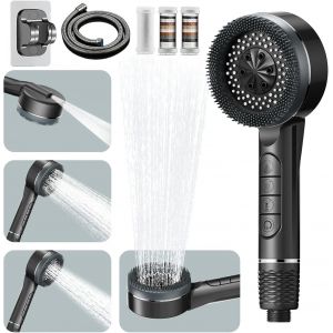 CHECARZHN--NO1-Pommeau Deouche Haute Pression, Pommeau Douche Economie Deau 4 Types De Jets Pommeau De Douche Anti Calcaire Avec Tuyau Douche 1.5M Et Support De Douche, Avec Bouton D'Arrêt D'Eau,Gris - Neuf