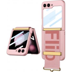 Sjzg-Esong Coque Pour Samsung Galaxy Z Flip7 Avec Protection D'&eacute;cran Arri&egrave;re/Support De Bracelet En Cuir,Dragonne De Luxe Ultra Fine L&eacute;g&egrave;re Rigide Pc Housse,Dragonne B&eacute;quille,Antichoc Bumper-Or Rose - Neuf