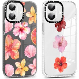 2 Pi&egrave;ces Coque pour iPhone 16 6,1'', &Eacute;tui de Protection avec Aesthetic Design Fleur Hibiscus Motif, TPU Silicone Transparente Femme Fille Housse Etui Bumper Cover pour iPhone 16, Fleur - Neuf