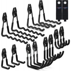 CAUC-Crochet Mural Garage 14PC, Rangement Garage,Crochet Mural en Acier Avec 3 Soudures au Lieu de 2 Plus Fortes pour &Ecirc;chelle,V&eacute;los,Tuyaux,Outils &eacute;lectriques(Noir) - Neuf