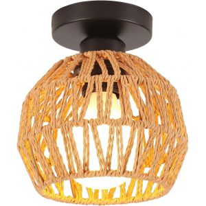 Kal-Plafonnier Vintage E27 Lampe De Plafond Rétro Abat-Jour En Métal Et Rotin Luminaire Plafonnier Industriel Pour Chambre À Coucher Cuisine Couloir, Ø16cm - Neuf