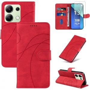 Trahoo-Coque Pour Xiaomi Redmi Note 13 4g (Pas Pour Redmi Note 13 5g) Avec 1 Pièce Protection Écran En Verre Trempé, Housse Pu Cuir À Rabat Flip, Étui Support Et Portefeuille Fonction (Rouge) - Neuf